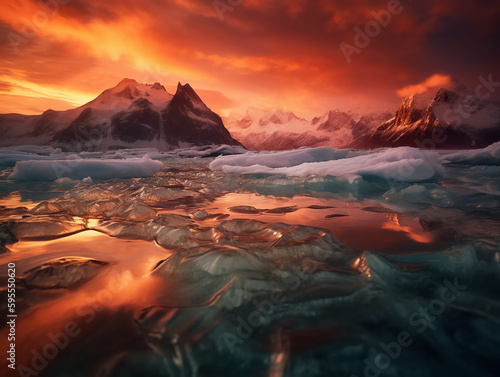 Glacier Sunrise Warm Hues A mesmerizing image of a glacier at sunrise, showcasing warm colors reflecting on the ice for a striking contrast © DrDiplex