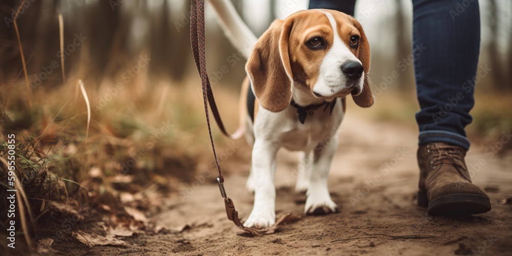 A happy-go-lucky beagle sniffing and wagging its tail on a walk with its owner, concept of Cannine behavior, created with Generative AI technology