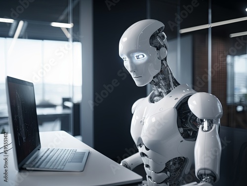 A.I. Chatbot Analyzing Data in a Sleek Modern Office During the Late Afternoon