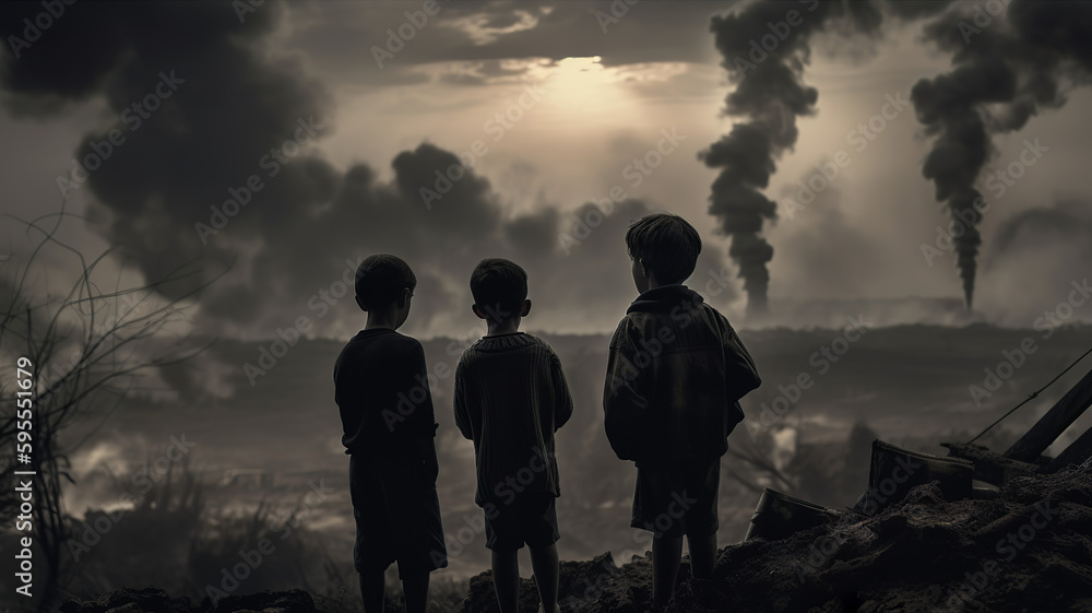 A group of children staring at the cruel war, Generative AI