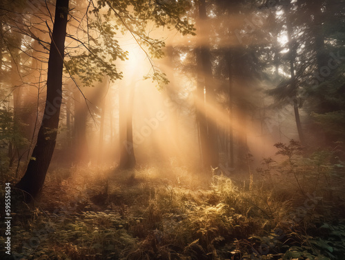 Foggy Forest Sunrise with Sunbeams A high-resolution, mystical image of a foggy forest at sunrise, with sunbeams breaking through the trees and casting an ethereal glow