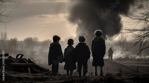 A group of children staring at the cruel war  Generative AI