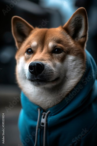 Dog wearing a hoodie.