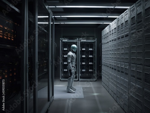 A.I. Powered Humanoid Robot Analyzing a Large Data Set in a Modern Server Room During the Night
