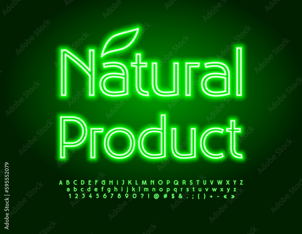 Fototapeta premium Vector green emblem Natural Product. Bright neon Font. Glowing Alphabet Letters and Numbers set