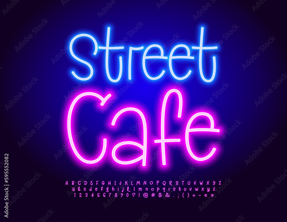 Vector creative signboard Street Cafe. Funny Glowing Font. Modern Neon Alphabet Letters and Numbers set