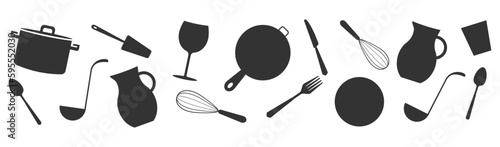 Set of black silhouettes kitchen tools fork spoon knife rolling pin ladle board for cutting culinary banner with place for your text vector illustration isolated on white background