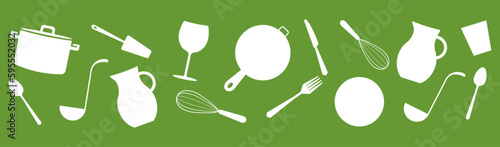 Set of black silhouettes kitchen tools fork spoon knife rolling pin ladle board for cutting culinary banner with place for your text vector illustration isolated on white background