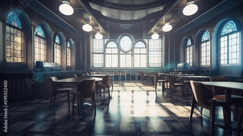 A room filled with tables and chairs next to windows. AI generative. Dark academia style, victorian style mansion interior design with wooden stairs.