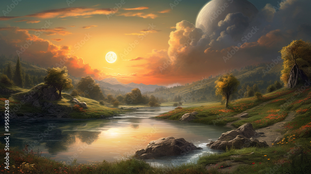 Digital Painting ov river landscape with lush hills at each sides, wanderlust - Generative AI