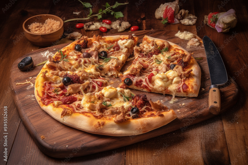 pizza on wooden board