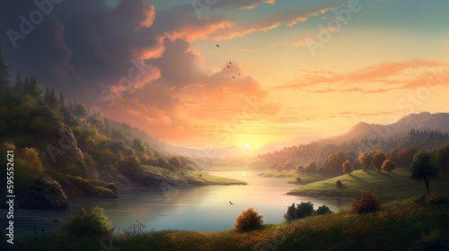 Digital Painting ov river landscape with lush hills at each sides, wanderlust - Generative AI