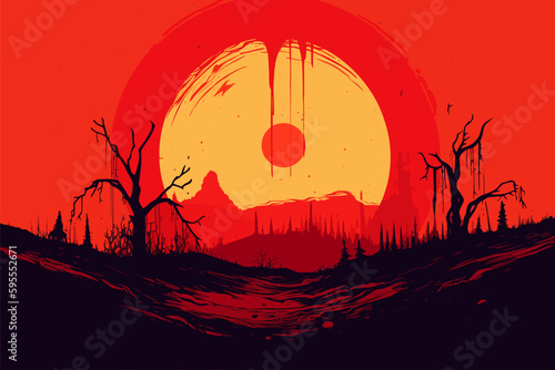 Simplistic drawing of a ending of the world behind a red dead sun, simple gradient colors vector illustration.