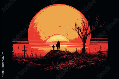 Simplistic drawing of a ending of the world behind a red dead sun, simple gradient colors vector illustration.