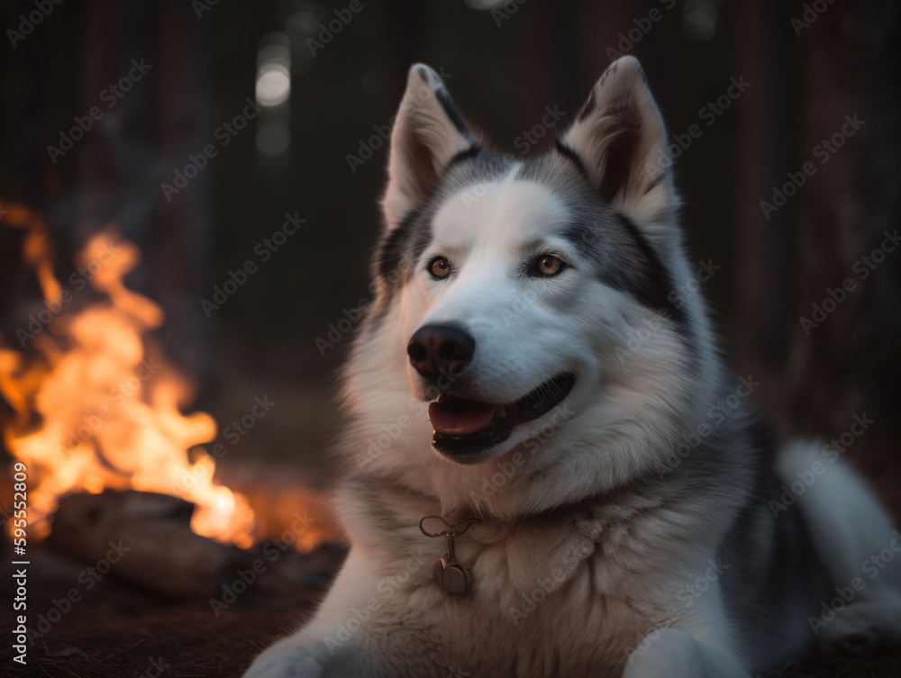 Happy husky dog sitting smiling at warm orange campfire - Generative AI Happy husky dog sitting smiling at warm orange campfire - Generative AI