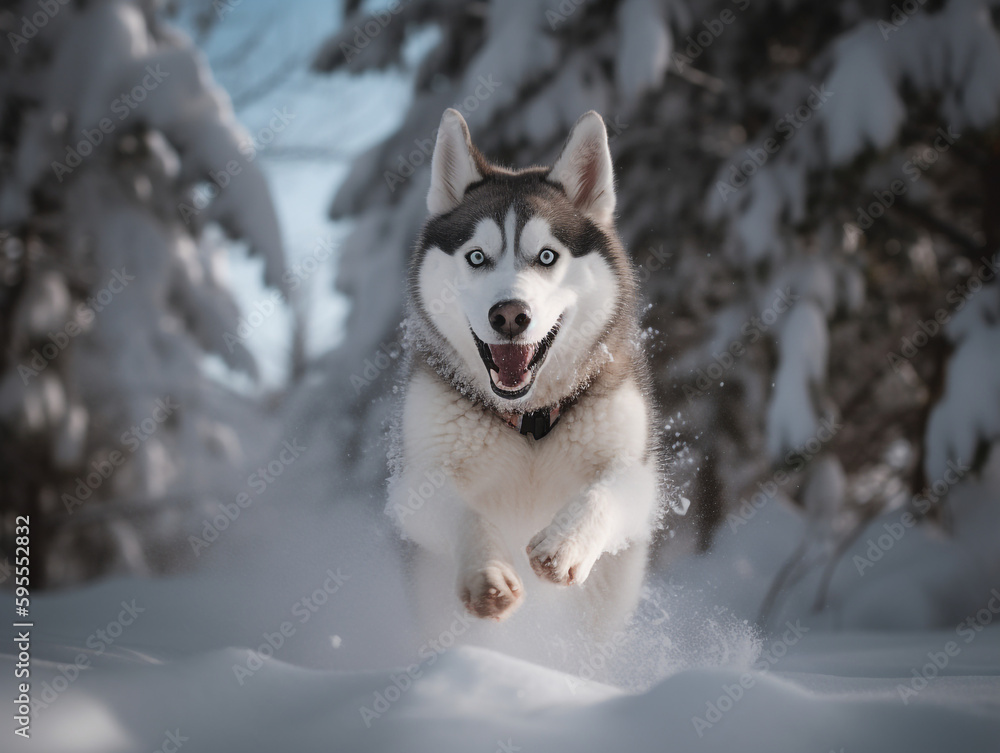 Happy husky dog, running through the deep white snow in sibirian forest - Generative AI