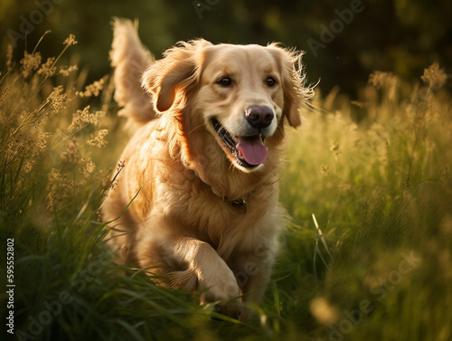 Happy golden retriever dog, youthfully walking through tall grass - Generative AI