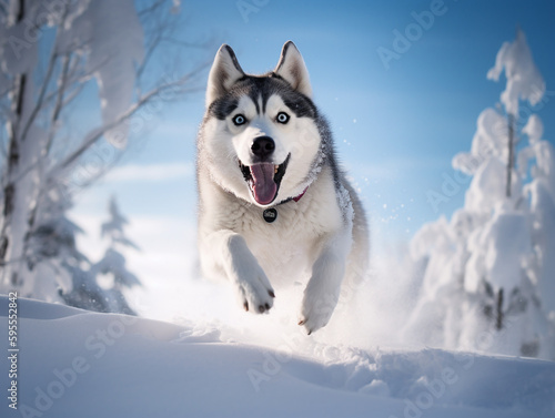 Happy husky dog, running through the deep white snow in sibirian forest - Generative AI © Luca