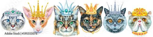 Border of portraits of cats of different breeds in crowns. Watercolor hand drawn illustration