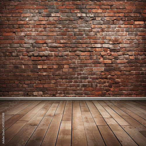 Brick wall with wooden floor in front  use as digital background element - Generative AI
