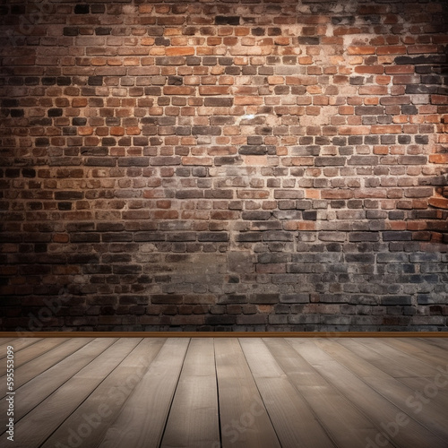 Brick wall with wooden floor in front  use as digital background element - Generative AI