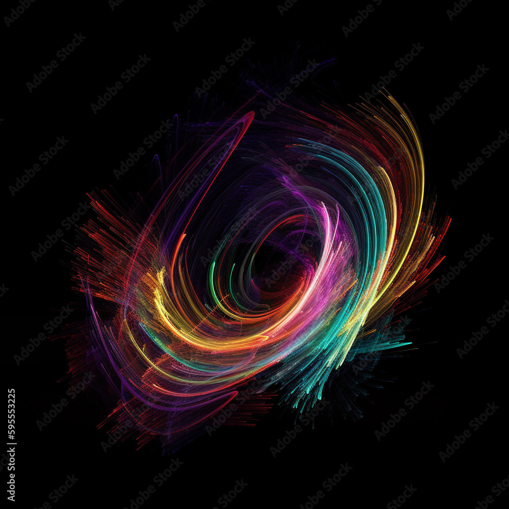 Graphic of colorful swirls lighting up the frame on dark background - Generative AI Graphic of colorful swirls lighting up the frame on dark background - Generative AI
