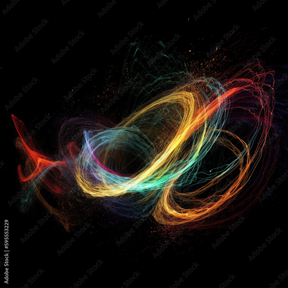 Fototapeta premium Graphic of colorful swirls lighting up the frame on dark background - Generative AI