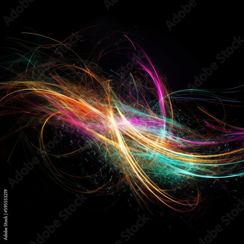 Graphic of colorful swirls lighting up the frame on dark background - Generative AI