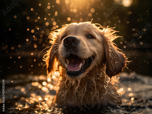 Happy golden retriever dog puppy splashing in a shallow rivers water at sunset, wet fur - Generative AI © Luca