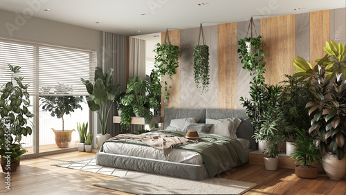 Urban jungle  modern bedroom in white and wooden tones. Bed  parquet floor and big window  many houseplants. Home garden interior design. Biophilia concept