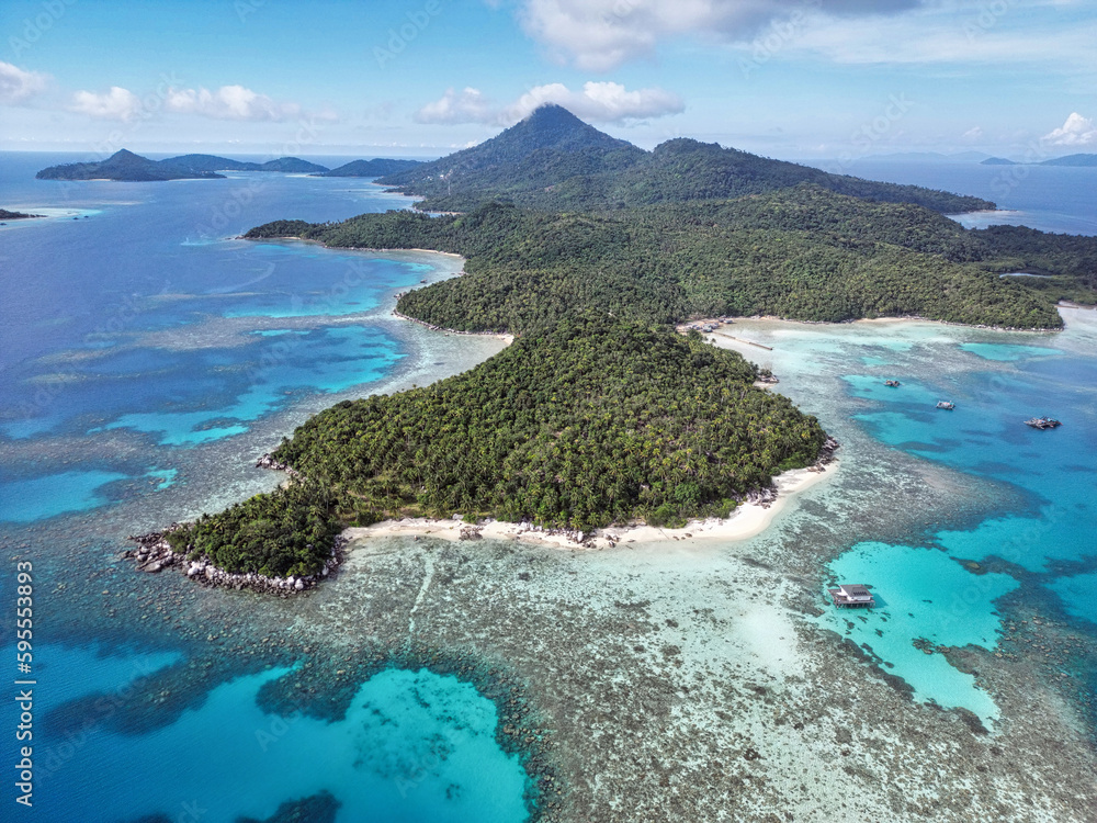Indonesia Anambas Islands - Drone view Telaga Island coastline along the island