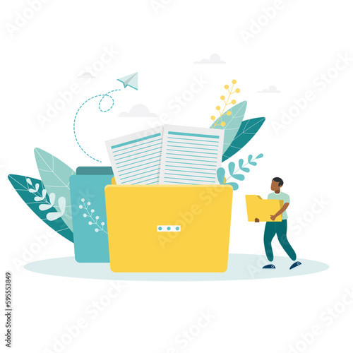 Man carrying paper folders. The concept of file management, keeping electronic information in order, organization and storage of business data, digital archive. Flat vector illustration for banner.

