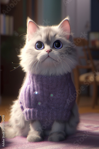 A cat wearing a sweater sitting on a rug. AI generative.