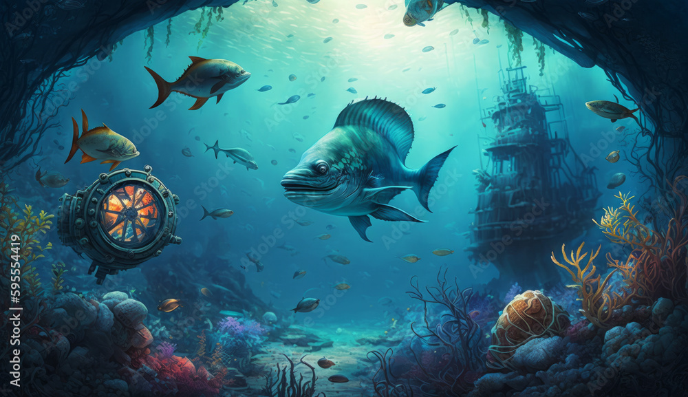 Fototapeta premium Underwater scene with coral reefs made with generative AI--- Desktop background--illustration--Midjoureny