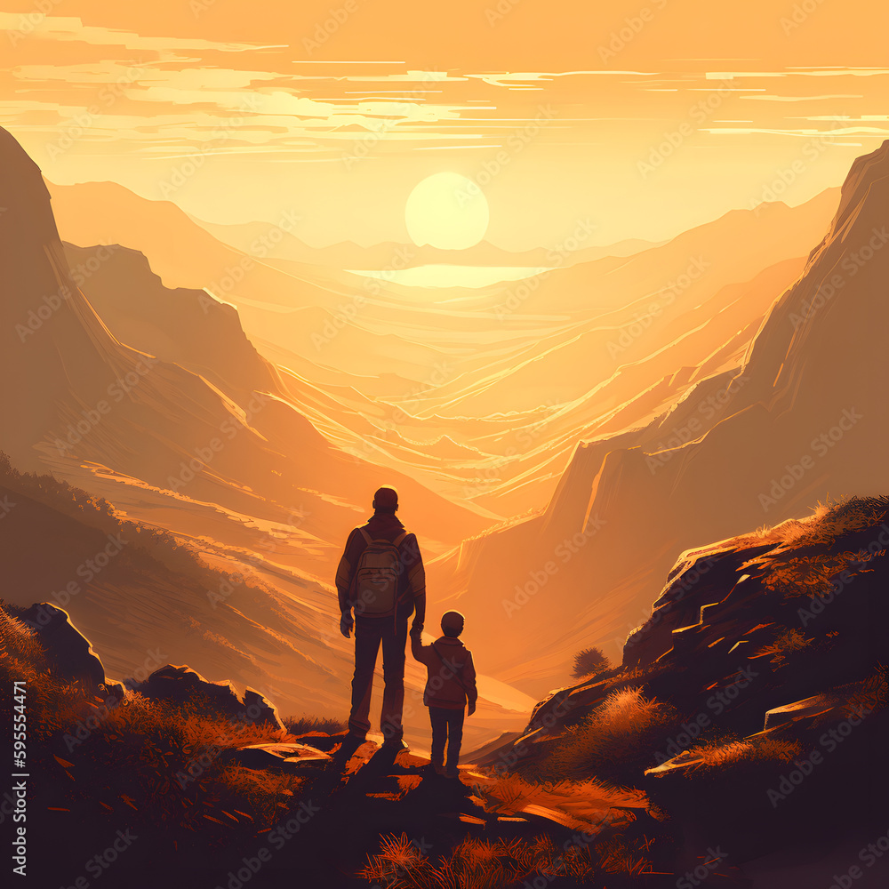 silhouette of a father and son on the top of mountain vector graphics Generative AI