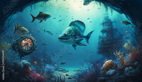 Underwater scene with coral reefs made with generative AI--- Desktop background--illustration--Midjoureny © Creative Catalyst