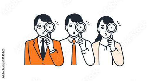 Simple vector illustration material of three business people examining with a magnifying glass