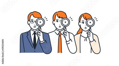 虫メガネを覗く3人の会社員のシンプルなベクターイラスト素材