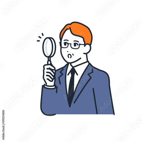 虫眼鏡を持って調べるミドルのビジネスマンのシンプルなベクターイラスト素材