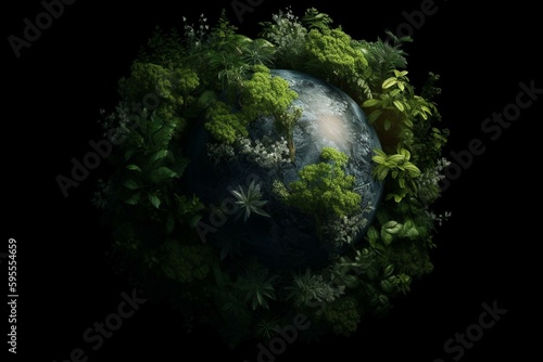 Planet Earth surrounded by vegetation on a black background. Earth Day theme. Generative AI