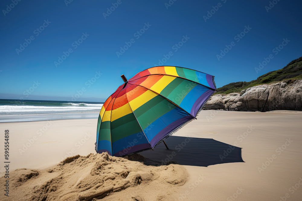 Multi coloured big umbrella on beach, Generative AI, Generative ,AI	