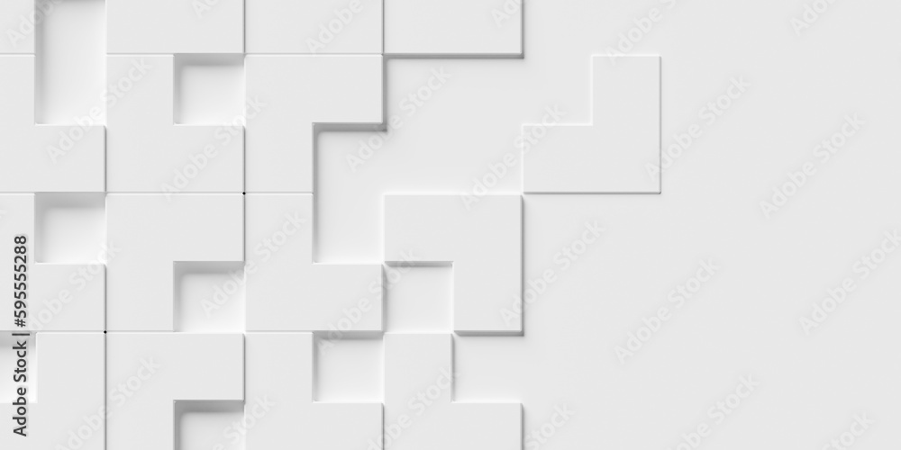 Offset two level small white angled cube boxes block background wallpaper banner template fade out with copy space