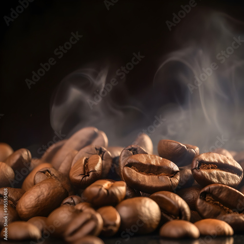 Close-up of coffee preparation, background of freshly roasted and still steaming coffee beans, concepts, generative AI.