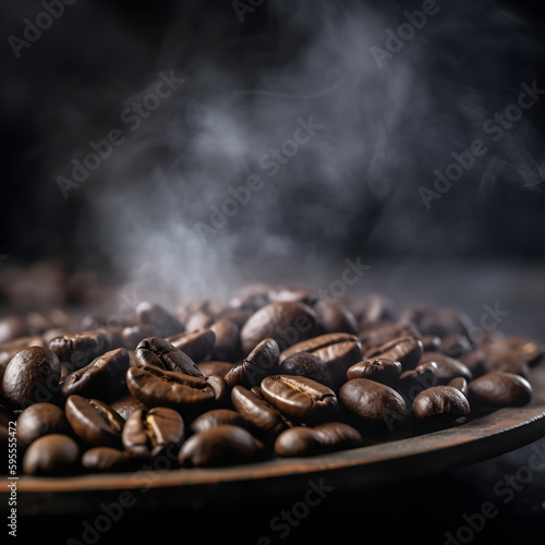Close-up of coffee preparation, background of freshly roasted and still steaming coffee beans, concepts, generative AI.