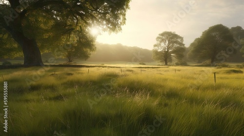 Beautiful Scene with green field and bush. Generative AI © NabilBin