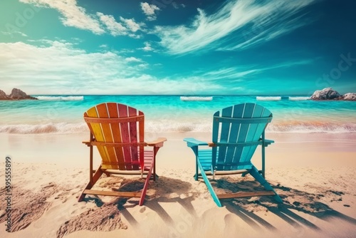 Two beach chairs sitting on top of a sandy beach, created with Generative Ai Technology