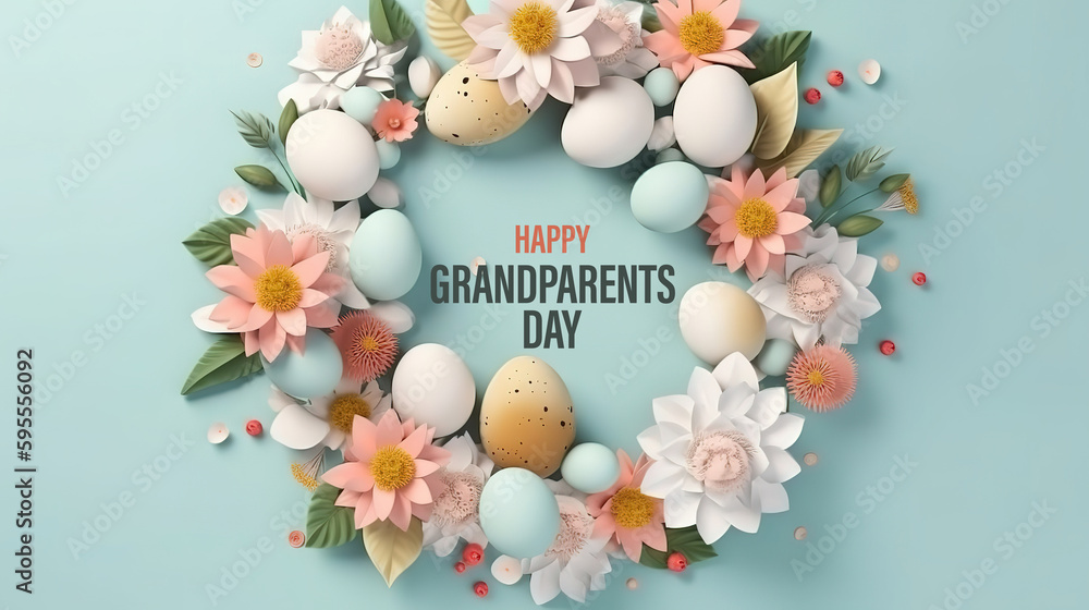 Happy Grandparents Day easter invitation with eggs and daisies on a blue background. Generative Ai Happy Grandparents Day easter invitation with eggs and daisies on a blue background. Generative Ai