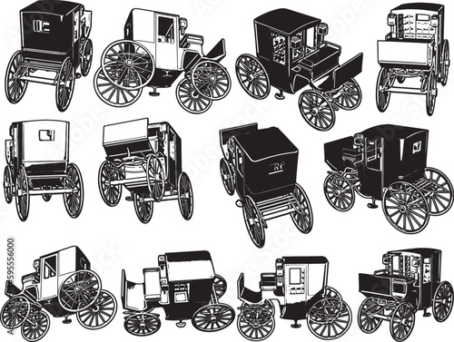 brougham cart 3d model illustration rendered from different angles, brougham cart silhouette set from animation movie production