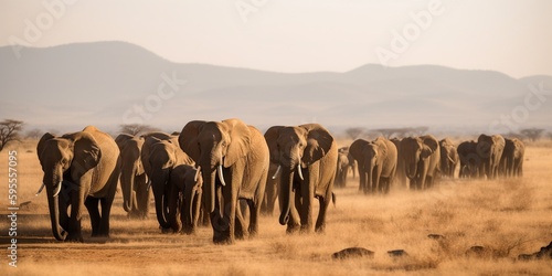 A herd of elephants walking together across the savanna, concept of Animal migration, created with Generative AI technology © koldunova