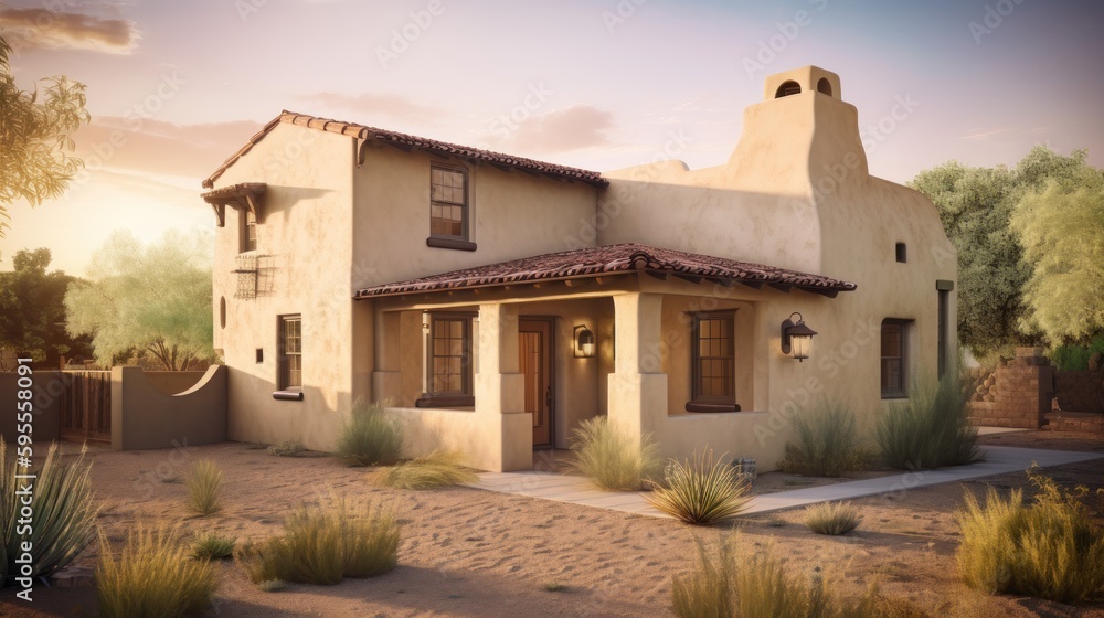 Obraz premium Adobe revival exterior house design in daytime golden hour generative ai